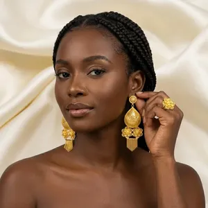 24K Gold Plated Floral Filigree Long Drop Stud Earrings for Women Dubai Arabic African <b>Bridal</b> Wedding Earrings - Product Image 3