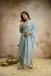 Elegant Light Blue Women's <b>Kurta</b> Set Party Wear Heavy Viscose Chanderi Sequence Coding Embroidery Work Top Bottom Dupatta Set - Product Image 1