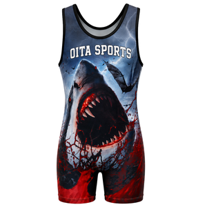 Men Navy Blue Red Sublimated Wrestling Singlet Polyester <b>Athletic</b> Sports Uniform Sleeveless Competition Training Match Wear - Product Image 2