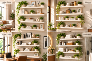 Estantes Flotantes de Pared de 4 Niveles con Acabado en Madera Blanca y Soportes Desmontables de Acero Negro - Product Image 4