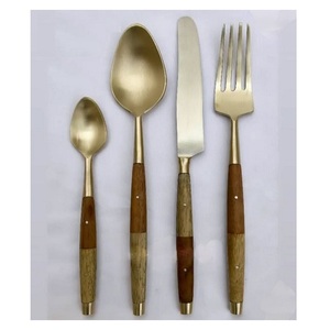 Vintage Wood Handle Flatware Set Gold Plated Spoon <b>Fork</b> Knife Tableware Matte Polish Durable 5 Pcs Cutlery Set Place Setting - Product Image 1