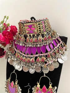 Parure de bijoux pour femme style bohème en alliage, collier et boucles d'oreilles, zircon violet, design à pampilles, plaqué or antique, mode mariage - Product Image 2