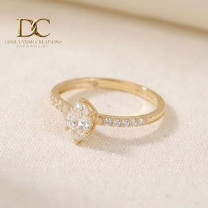 Anillo de compromiso moderno de lujo en oro amarillo macizo de 9K con diamante de corte ovalado y engaste pavé, joyería fina para mujer - Product Image 6