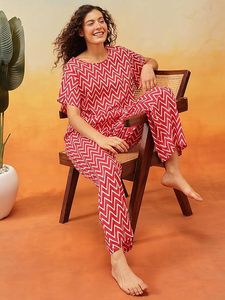 Women’s Soft Cotton Printed Nightwear Set Round Neck Half Sleeve Top and <b>Pyjama</b> Bottom Comfortable Set - Product Image 3