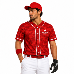 RONAL SPORTS เสื้อเบสบอลลายพรางสีแดงสำหรับผู้ชาย แขนสั้น ระบายความชื้นได้ดี ติดกระดุมด้านหน้า ชุดยูนิฟอร์ม - Product Image 3