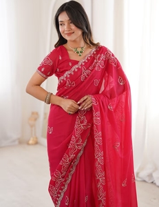 KV Georgette <b>Red</b> Embellished <b>Saree</b> With Unstitched Blouse - Product Image 3