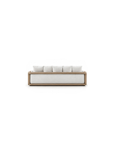 Canapé d'extérieur minimaliste en bois à trois places avec coussins blancs, mobilier de jardin durable pour salon ou salle d'attente - Product Image 6