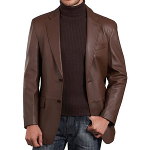 Men's Brown Genuine <b>Leather</b> <b>Long</b> <b>Jacket</b> Collar Casual Style Autumn Wear Regular Fit Solid Color - Product Image 4