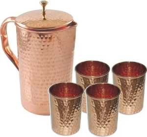 Handcrafted Polished Copper Water Pitcher – <b>Tall</b> Cylindrical Design with Wide Spout & Curved Handle Traditional Drinkware - Product Image 2