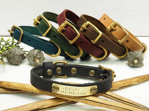 Leather Handmade Dog <b>Collar</b> With Solid Brass Gold Pet Custom Tags - Product Image 5