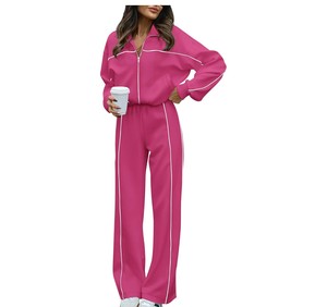 Conjunto Deportivo Rosa para Mujer, Manga Larga, Color Sólido, Cierre Frontal con Cremallera, Pantalones Casuales, Corte Holgado, Transpirable, Poliéster, Ropa de Primavera - Product Image 1