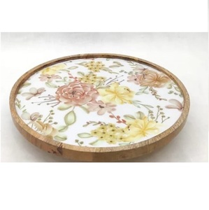 Plato de Madera con Diseño Artesanal y Estampado en Esmalte, para Servir Comida, Frutas, Pasta, Forma Redonda, Portátil - Product Image 1