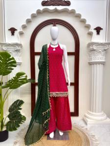 <b>Women</b> Pink Faux Georgette Printed Halter <b>Kurta</b> Palazzo Set With Green Dupatta <b>Women</b> Ethnic Wear <b>for</b> Wedding and Festive Party - Product Image 5