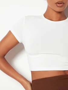 Sporty Slim Fit <b>White</b> Baby <b>Tee</b> Nylon Spandex Women's Shirts Cropped High Elasticity Breathable Yoga Top Activewear Summer Blouse - Product Image 4