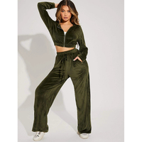 Ensemble de survêtement unisexe en velours 100 % coton de haute qualité avec sweat à capuche court et pantalon évasé, personnalisable avec logo, pour femme