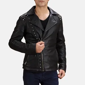 Mens Black Studded Quilted Genuine Leather Winter <b>Biker</b> <b>Jacket</b> - Product Image 1