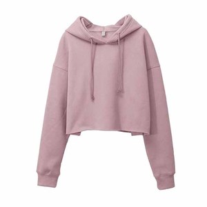 Sweat-shirt à capuche court pour femme, couleur unie, manches longues, décontracté, rose, tricoté, 100% coton, coupe classique - Product Image 1