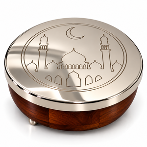 Boîte à chocolat tendance en bois et métal avec motif de mosquée gravé, idéale pour les événements et les cadeaux haut de gamme, tailles et couleurs personnalisées disponibles ici - Product Image 1