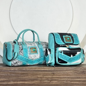 Vintage Hand Tooled Genuine Cowhide Leather Turquoise Duffel Bag & <b>Backpack</b> Set Unisex Travel Luggage Matching 2 Piece Bag Sets - Product Image 1