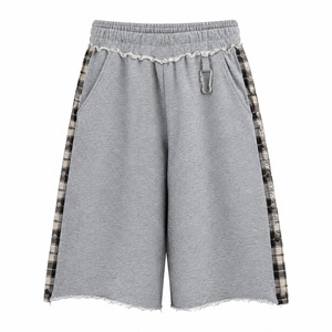 Men's Grey Wide Leg <b>Sweat</b> <b>Shorts</b> Lace Trim Plaid Side Stripe Baggy Streetwear Jorts - Product Image 1