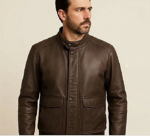 Distressed <b>Leather</b> <b>Jacket</b> <b>Man</b> Vintage Bomber Coat Cowhide Biker Style Dark <b>Brown</b> Motorcycle Functional Pockets Multi Pocket - Product Image 1