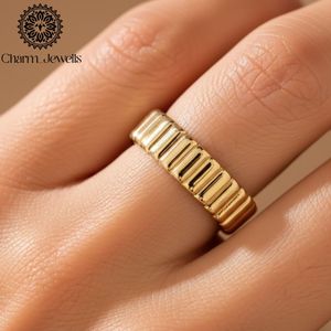 Charm Jewells Women's Engagement 10K Gold Plated Ribbed <b>Band</b> <b>Ring</b> with Moissanite Prong Setting IGI Certified - Product Image 3