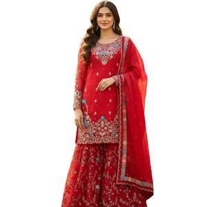 Salwar Kameez de créateur semi-cousu, style islamique, riche, pour réception de fête, en soie JMC Georgette, broderie lourde, fait main - Product Image 1