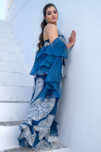 Elegant Blue Printed Sleeveless Peplum Crop Top with Palazzo and Organza Dupatta with Pearls Cut-dana and Mirror work - Product Image 5