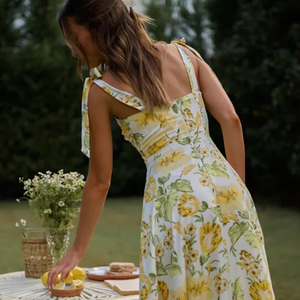 Robe midi vintage en mousseline 100% coton imprimé floral, anti-plis, col à capuche, bretelles spaghetti, coupe trapèze ample, décontractée, été, haute qualité - Product Image 5