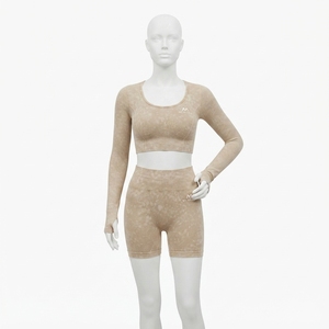 Women Beige Acid Wash <b>Long</b> <b>Sleeve</b> Crop <b>Top</b> Biker Shorts Set High Waist Gym Yoga <b>Workout</b> Activewear - Product Image 1