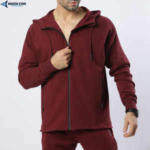 Men's Maroon Hooded Tracksuit Full Sleeve Zipper Casual Sweatshirt Pants Set Breathable 100% Cotton Solid Lightweight Autumn - Product Image 2