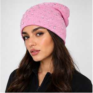 Pink Rhinestone Unisex Adult Winter Warm Knitted <b>Beanie</b> Hat 100% <b>Wool</b> Solid Color Cute Style Cycling Beach Fashion Accessory - Product Image 4