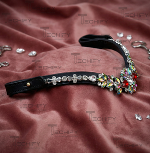 Fronture de cheval en cuir noir avec fleurs en cristal multicolores et strass en forme de V, accessoire de bridon - Product Image 4