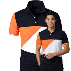 Men's Color Blocked <b>Polo</b> Shirt Short Sleeve Geometric Design Casual Woven Fabric Navy <b>Orange</b> White - Product Image 3