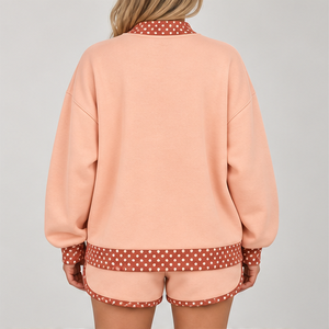 Women's Peach Contrast Polka Trim Mock Neck 2-Piece <b>Shorts</b> <b>Set</b> Custom Casual Sportswear - Product Image 2