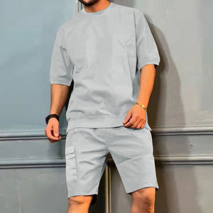 Ensemble de survêtement homme 2026 en gros, couleur unie, col rond, manches courtes, short 100 % coton, joggers grande taille, ensembles de shorts d'été pour hommes - Product Image 4
