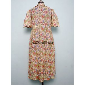 Kangura Women's Modern Sweet Eco-friendly 100% Cotton Floral A-Line Midi Dress V-Neck Short Sleeve Button Decoration Washable - Product Image 4