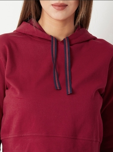 Hoodie court pour femme, couleur bordeaux, manches longues, couleur unie, tricoté, vêtement décontracté, 100% coton, style été - Product Image 6