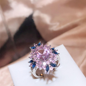 IPink Blue Flower Moissanite <b>Ring</b> 925 <b>Silver</b> Luxury Halo <b>Statement</b> <b>Ring</b> for Women - Product Image 4