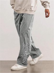 Wholesale Customized Street Style Reflective Stripe Casual Cargo Pants Cross Print <b>Men's</b> Loose Fitness Jogging Sweatpants - Product Image 3