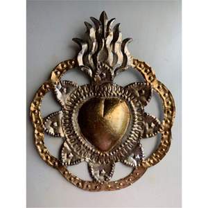 Gold Metal Sacred Heart Wall Art Love Embossed Flying Doves Velvet <b>Ribbon</b> Mexican Folk Art Plaque Decor - Product Image 4