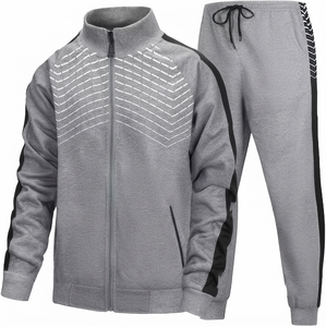 Ensemble de survêtement pour homme gris à imprimé géométrique, veste zippée et pantalon, respirant, sportif, pour l'automne - Product Image 1