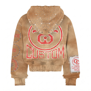 Sudadera con capucha Sunfaded de 450 g/m² para hombre, 100 % algodón, felpa francesa, con estampado gráfico de pedrería bordado, cremallera completa, estilo urbano holgado - Product Image 2