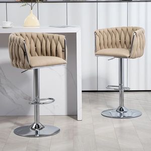 Set of 2 <b>Adjustable</b> Counter Height Bar <b>Stools</b> 360 Fabric Cover Swivel Bar Chairs with Woven Back & Footrest Silver - Product Image 1