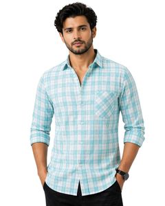 Camisa casual a cuadros azul cielo y blanco para hombre, corte ajustado, manga larga, con botones, de algodón ligero, estilo veraniego. - Product Image 1