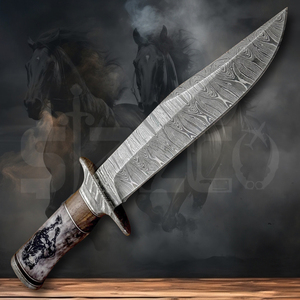 Custom Handmade Damascus Steel Bowie <b>Knife</b> with Stallion Horse Engraved <b>Handle</b> & Leather Sheath Hunting Camping OEM Ideal Gift - Product Image 3