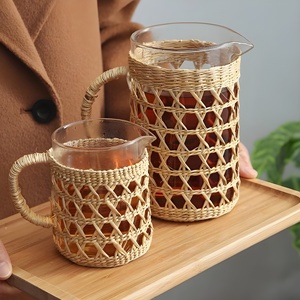 Ensemble de couvercles pour tasses en verre et de supports pour pichets en paille de jonc de mer tressée, avec poignée, pour gobelets en raphia naturel - Product Image 6