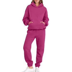 Women's <b>Pink</b> Hooded Tracksuit Set Casual Loose Fit <b>Sweatshirt</b> and Joggers Solid Color Full Sleeve Autumn Wear - Product Image 1