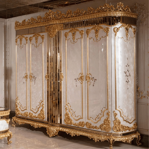 Royal Baroque Style Mahogany Wood Freestanding <b>Wardrobe</b> Ivory Gold Glossy Full Carved Luxury Gold Finish Palace Furniture - Product Image 1