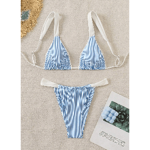 Costume da bagno bikini a triangolo sexy da donna, due pezzi, con allacciatura laterale e texture ondulata, per la spiaggia - Product Image 1
